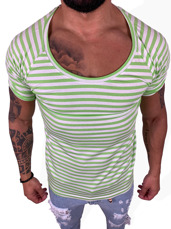 T-shirt scollata Verde a righe